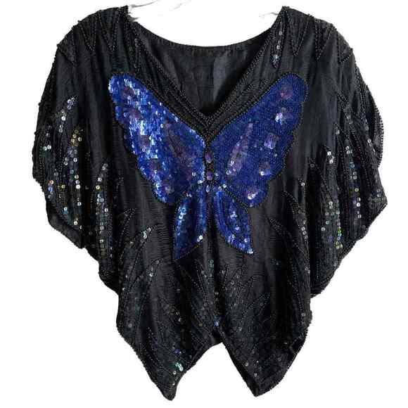 Vintage Tops - Vintage Butterfly Sequin Beaded Pullover V Neck Glittery Batwing Top 80s Small